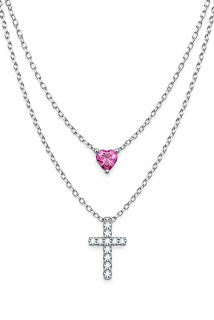 PINK FAITH – Stříbrný dvojitý náhrdelník Ag 925 s moissanitem 0,3 ct, růžovým srdíčkem a křížkem