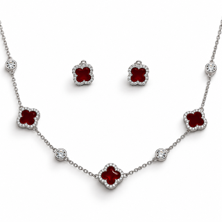 RUBY CLOVER – Luxusní stříbrná souprava Ag 925 s červeným jadeitem a moissanity 0,012 ct