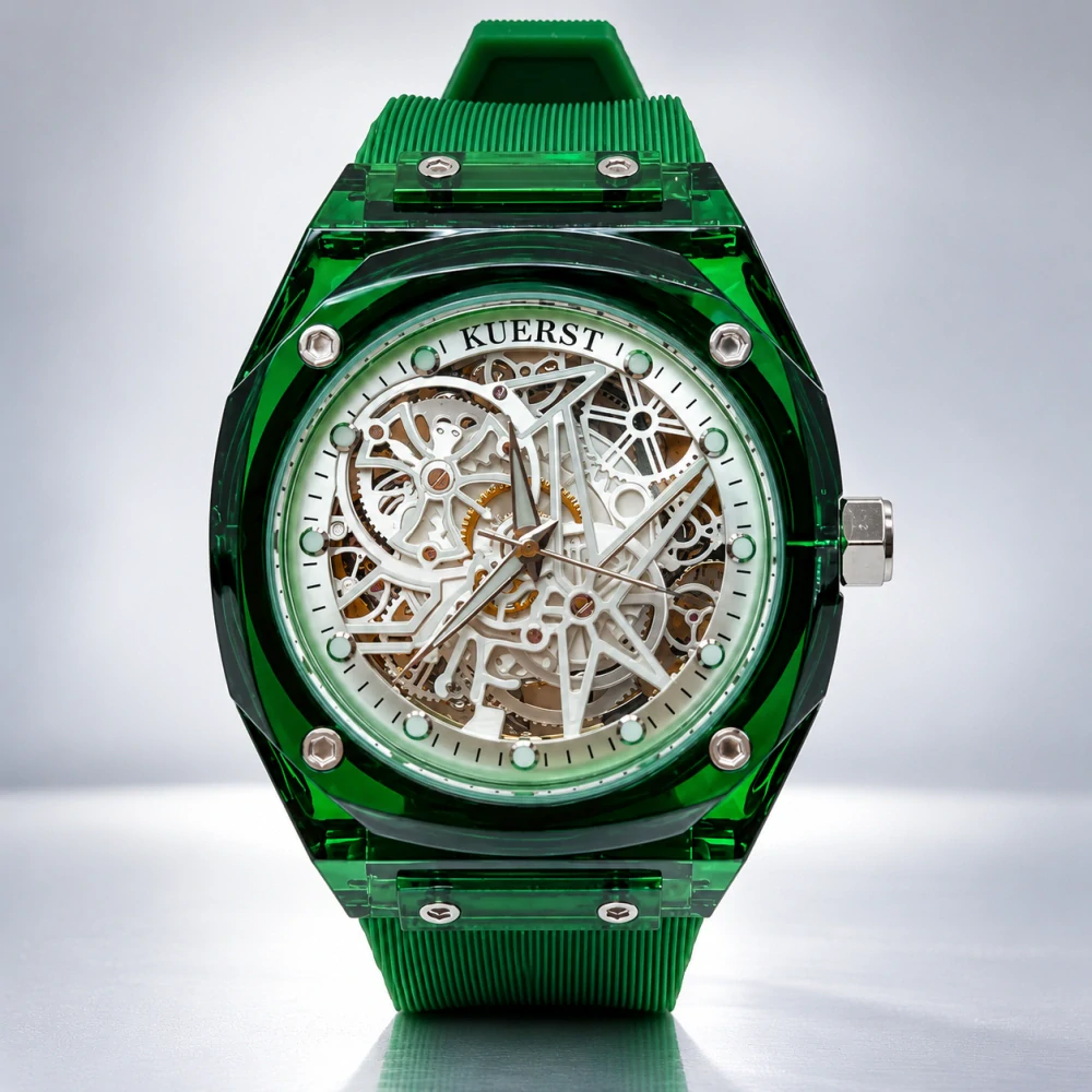 Designové transparentní hodinky KUERST Skeleton Green