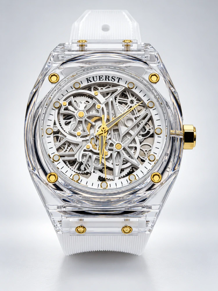 Designové transparentní hodinky KUERST Skeleton White & Gold