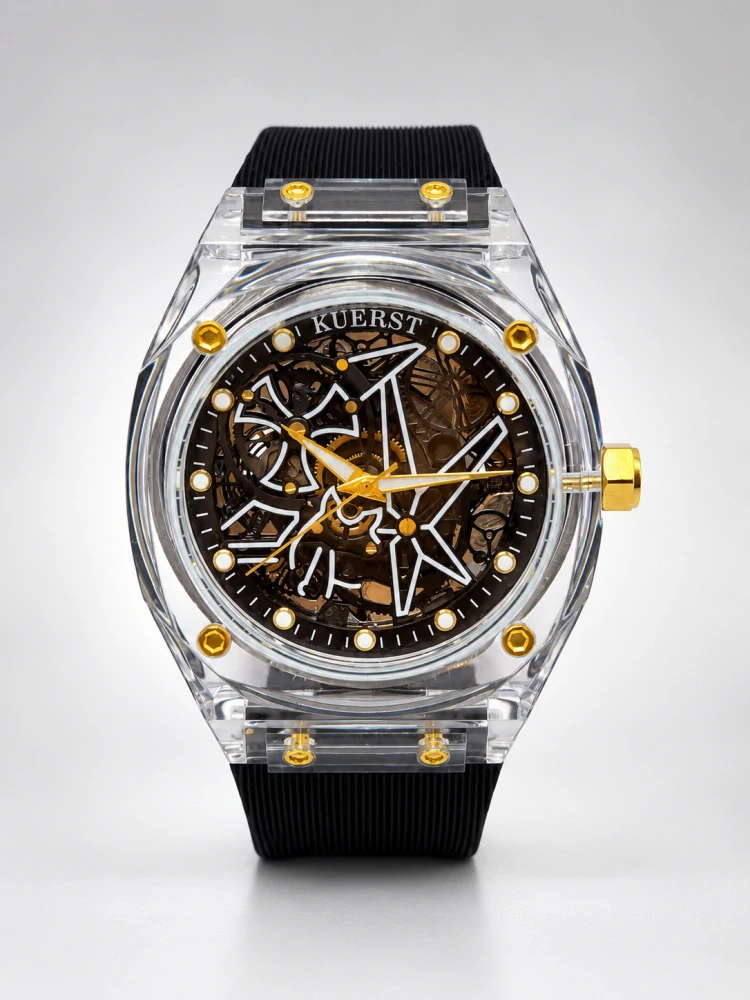 Designové transparentní hodinky KUERST Skeleton Black & Gold