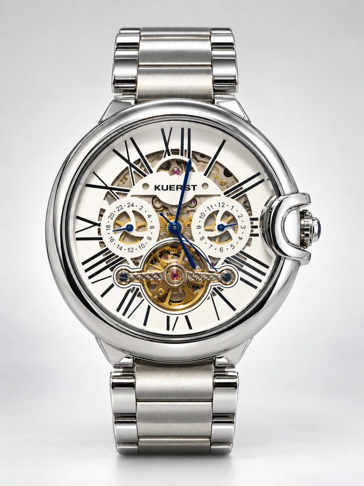 Luxusní mechanické automatické hodinky KUERST Skeleton s ocelovým tahem a modřenými ručičkami