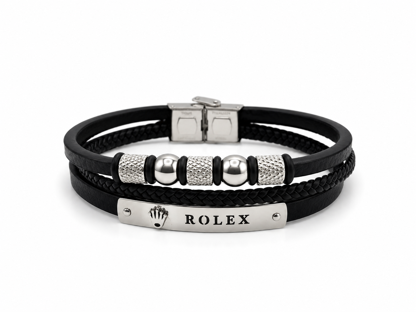 Pánský kožený náramek s chirurgickou ocelí a motivem Rolex