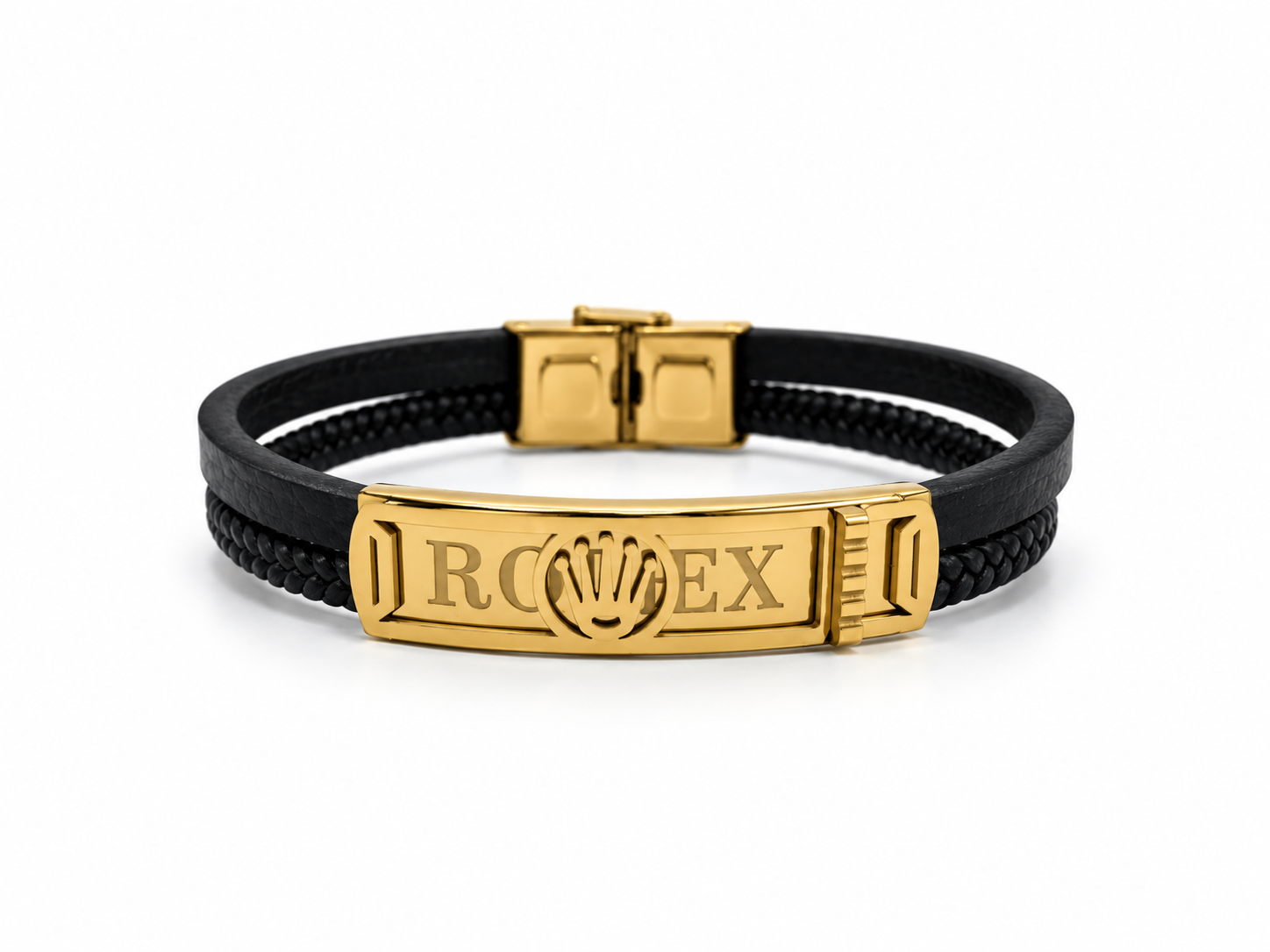 Pánský kožený náramek se zlacenou ocelí a motivem Rolex