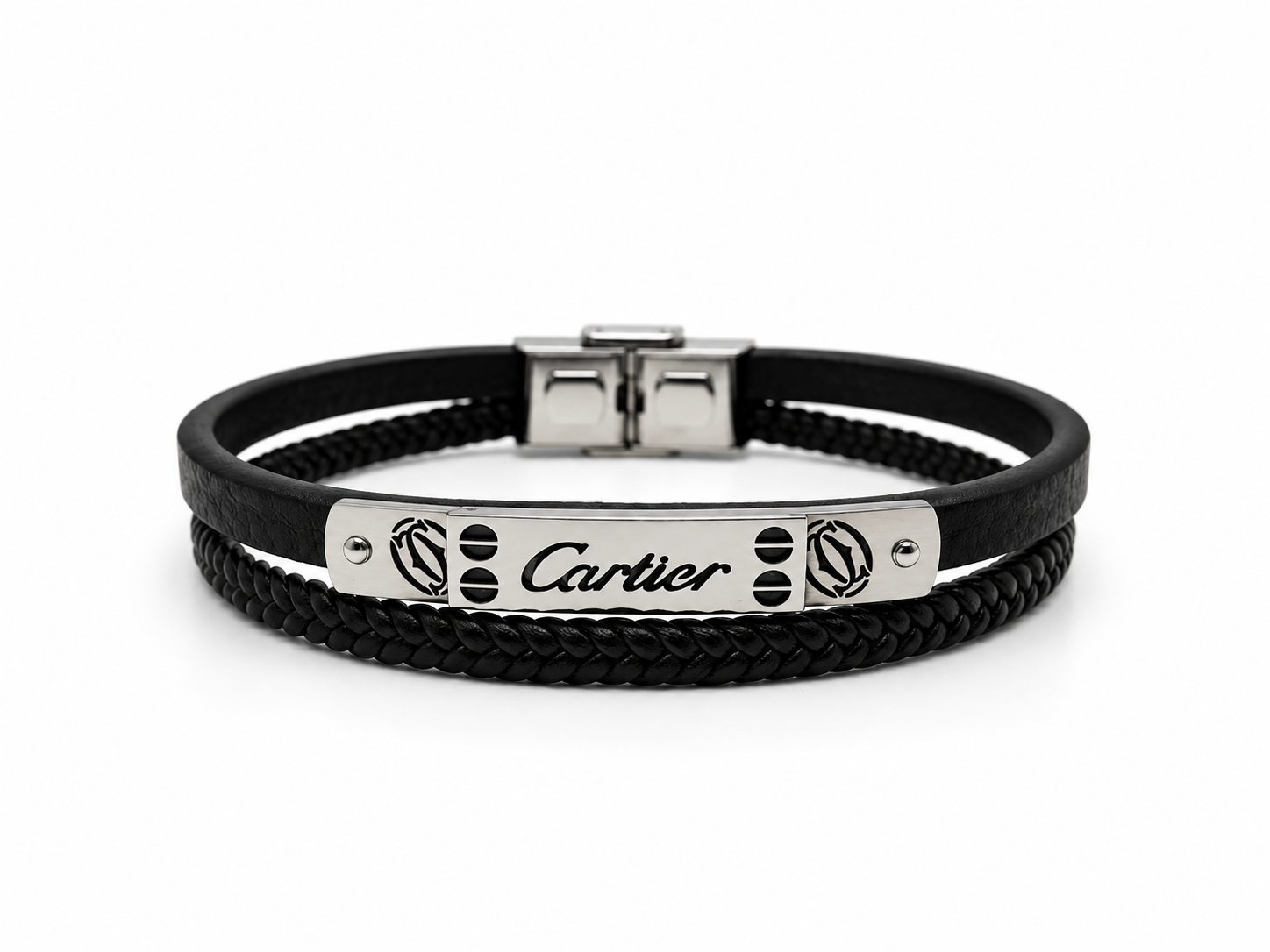 Pánský kožený náramek z chirurgické oceli s motivem Cartier