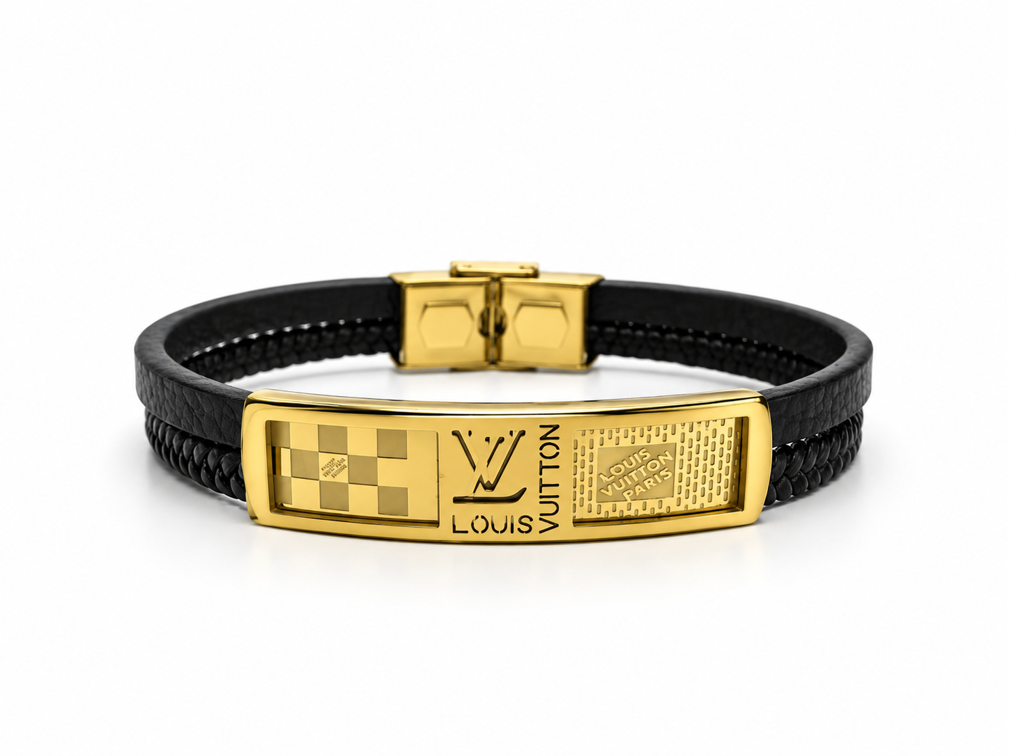 Pánský kožený náramek se zlacenou ocelí a motivem Louis Vuitton