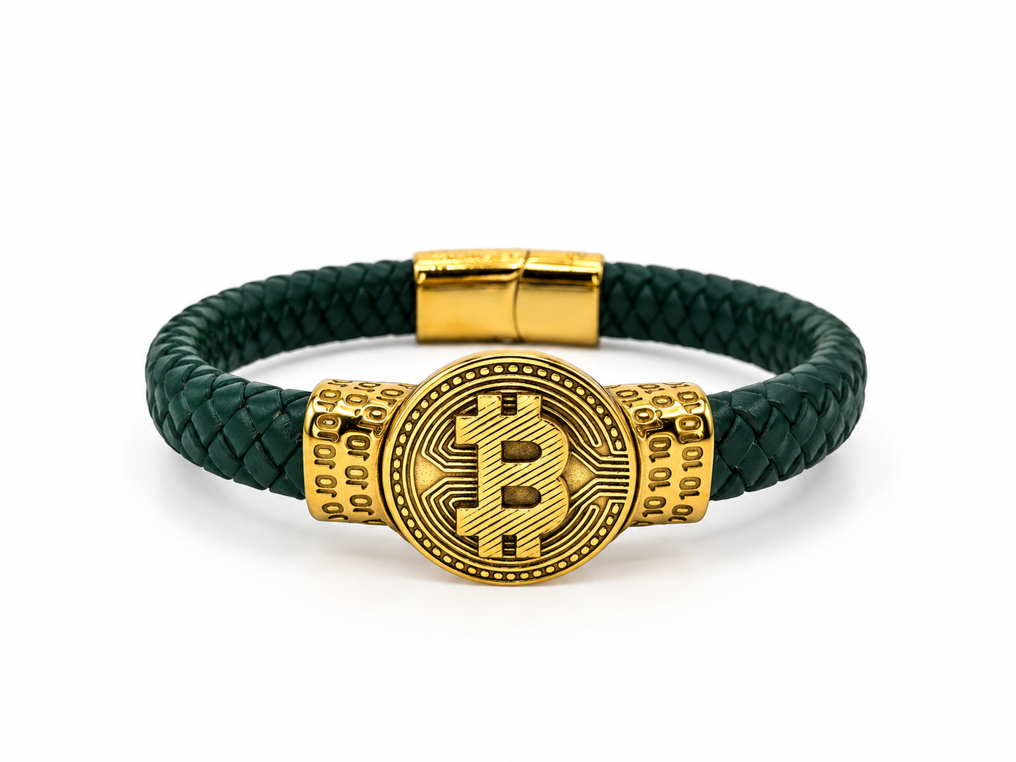 Pánský kožený náramek se zlacenou ocelí a motivem Bitcoin