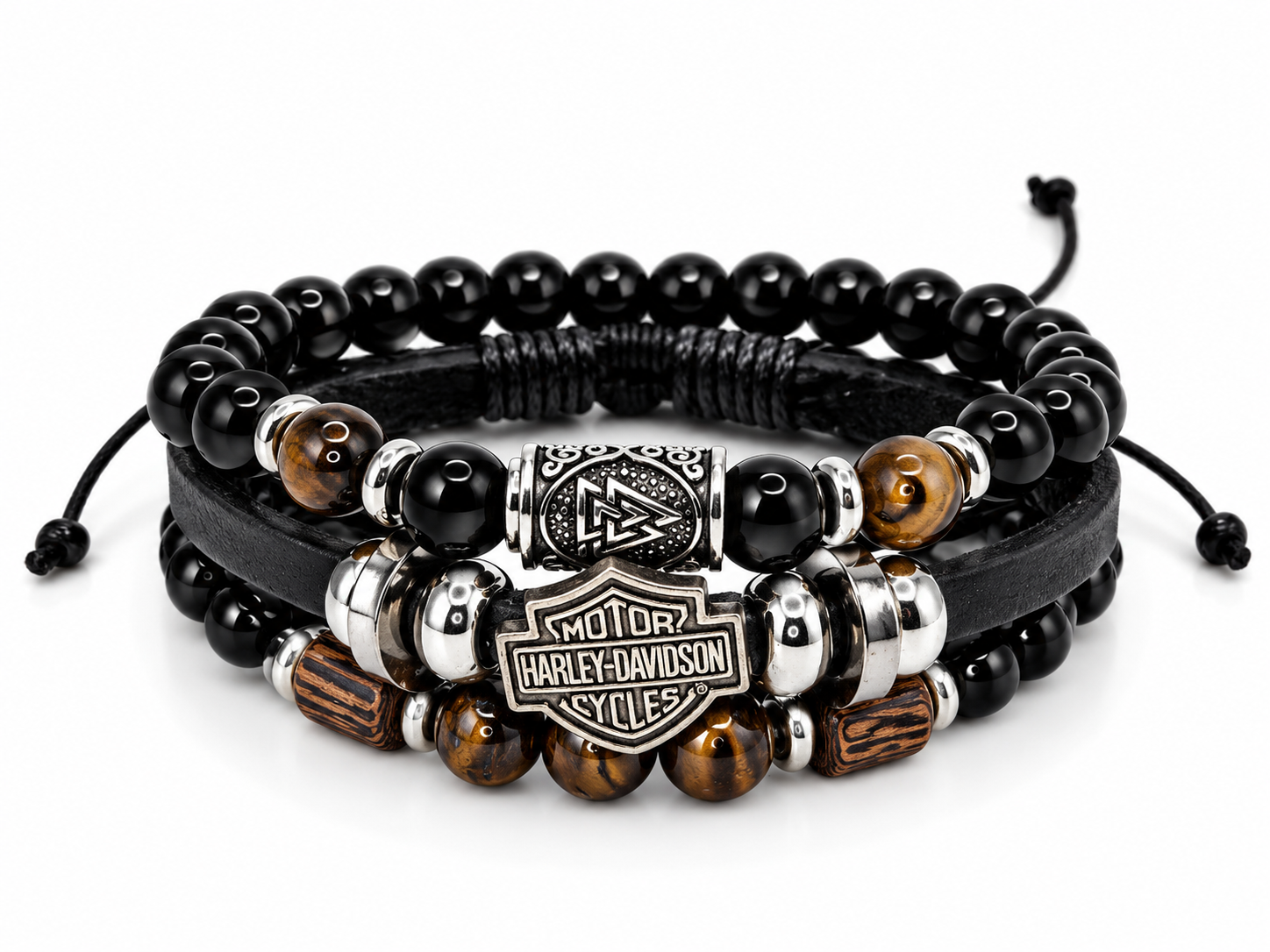 Pánský set náramků s koženými a ocelovými detaily s motivem Harley-Davidson