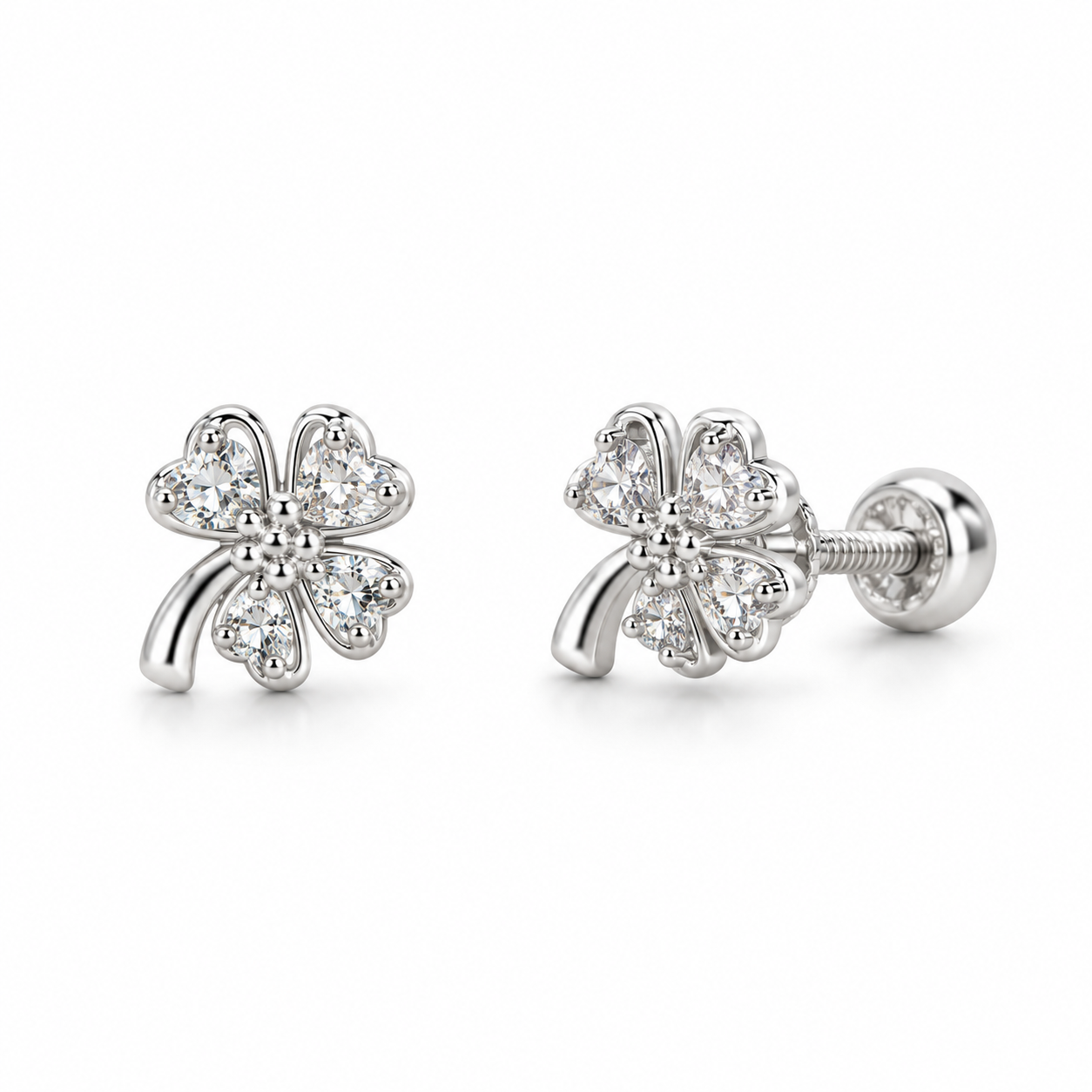 SILVER LUCKY CLOVER – Stříbrné šroubovací náušnice Čtyřlístky Ag 925