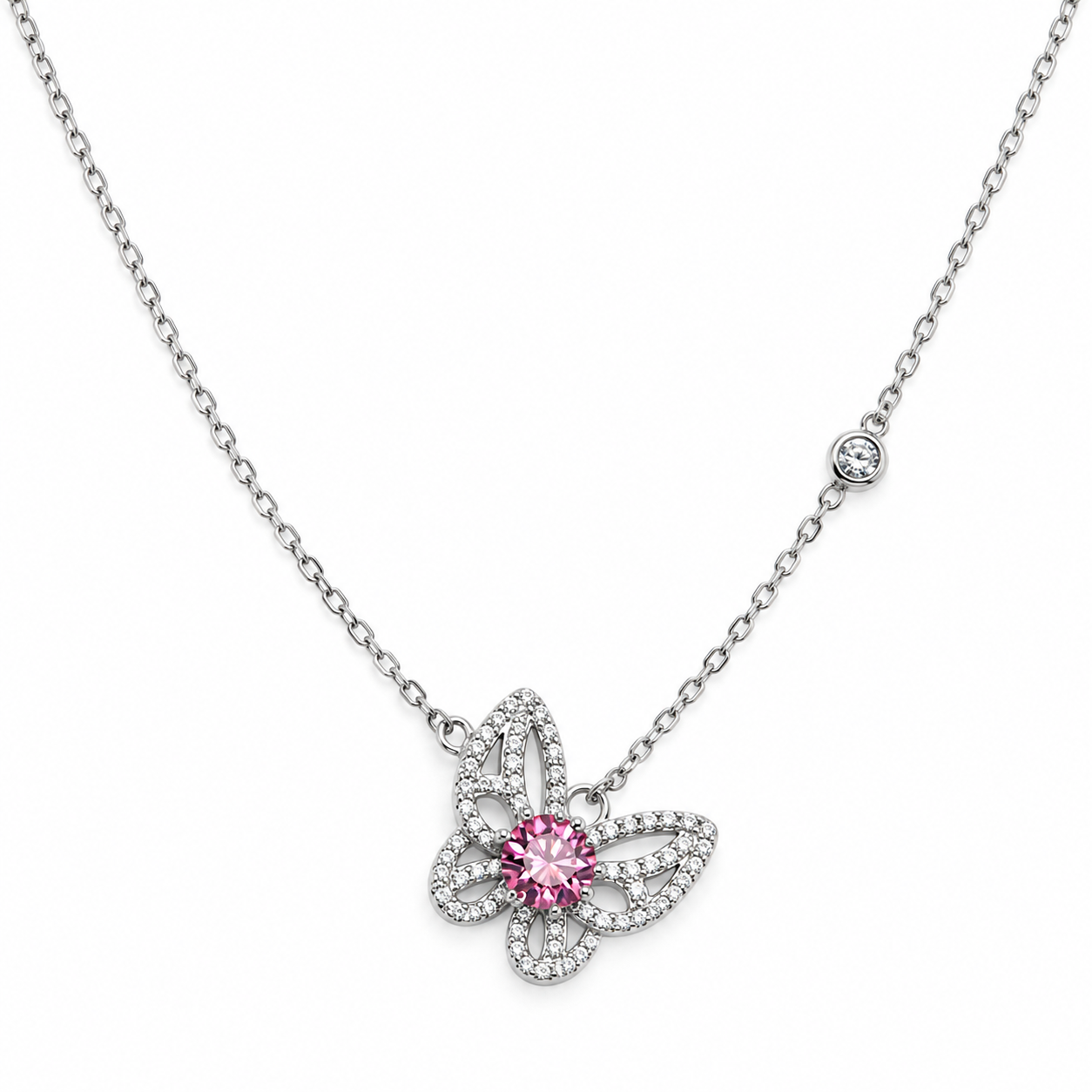 PINK BUTTERFLY – Stříbrný náhrdelník Ag 925 s růžovým moissanitem 0,3 ct
