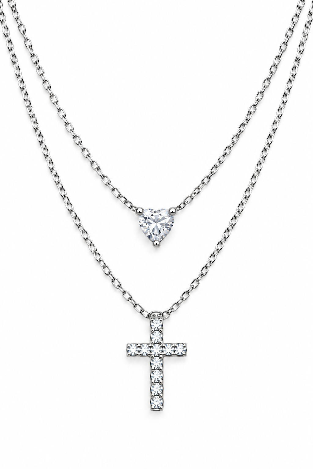 DIVINE LOVE – Stříbrný dvojitý náhrdelník Ag 925 s moissanitem 0,3 ct, srdíčkem a křížkem
