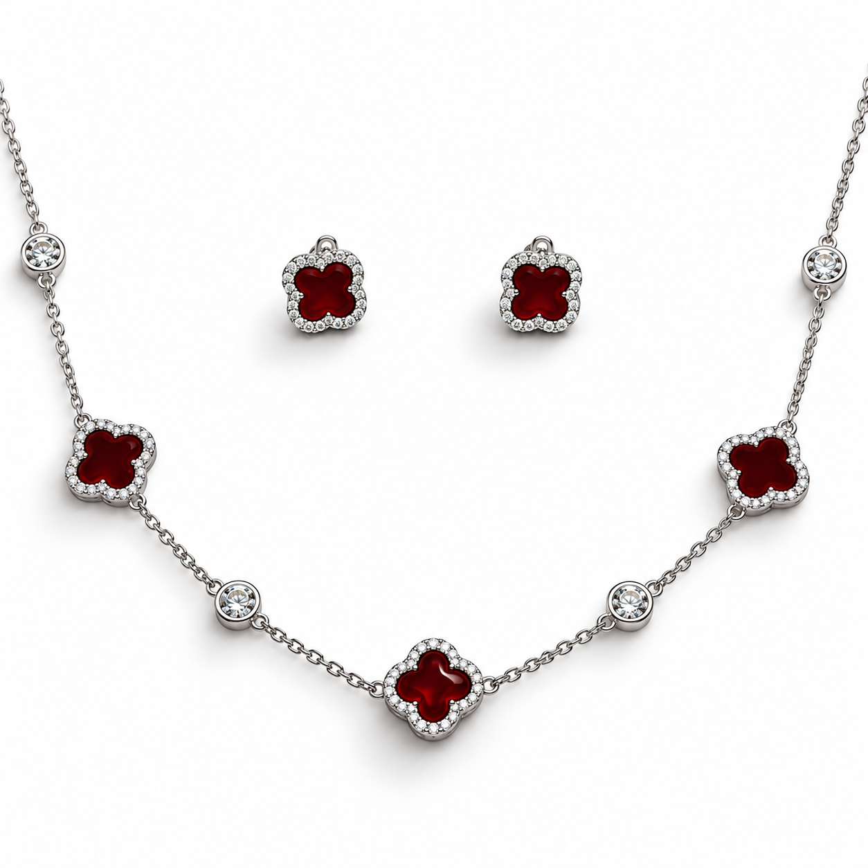 RUBY CLOVER – Luxusní stříbrná souprava Ag 925 s červeným jadeitem a moissanity 0,012 ct