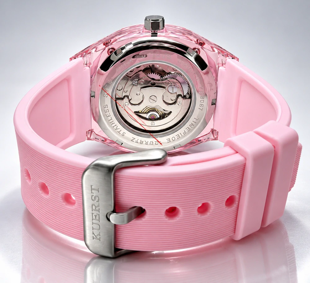 Designové transparentní hodinky KUERST Skeleton Rose