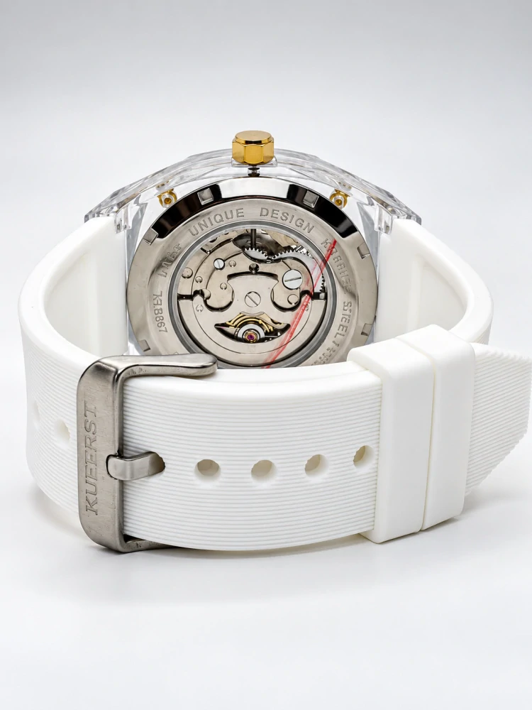 Designové transparentní hodinky KUERST Skeleton White & Gold