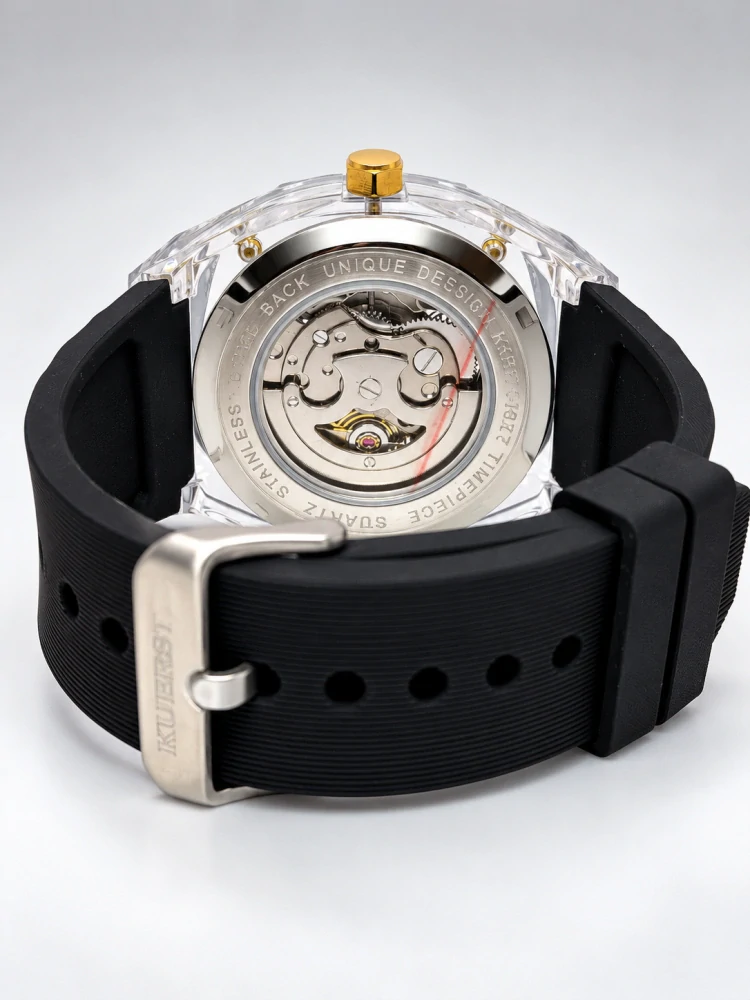 Designové transparentní hodinky KUERST Skeleton Black & Gold