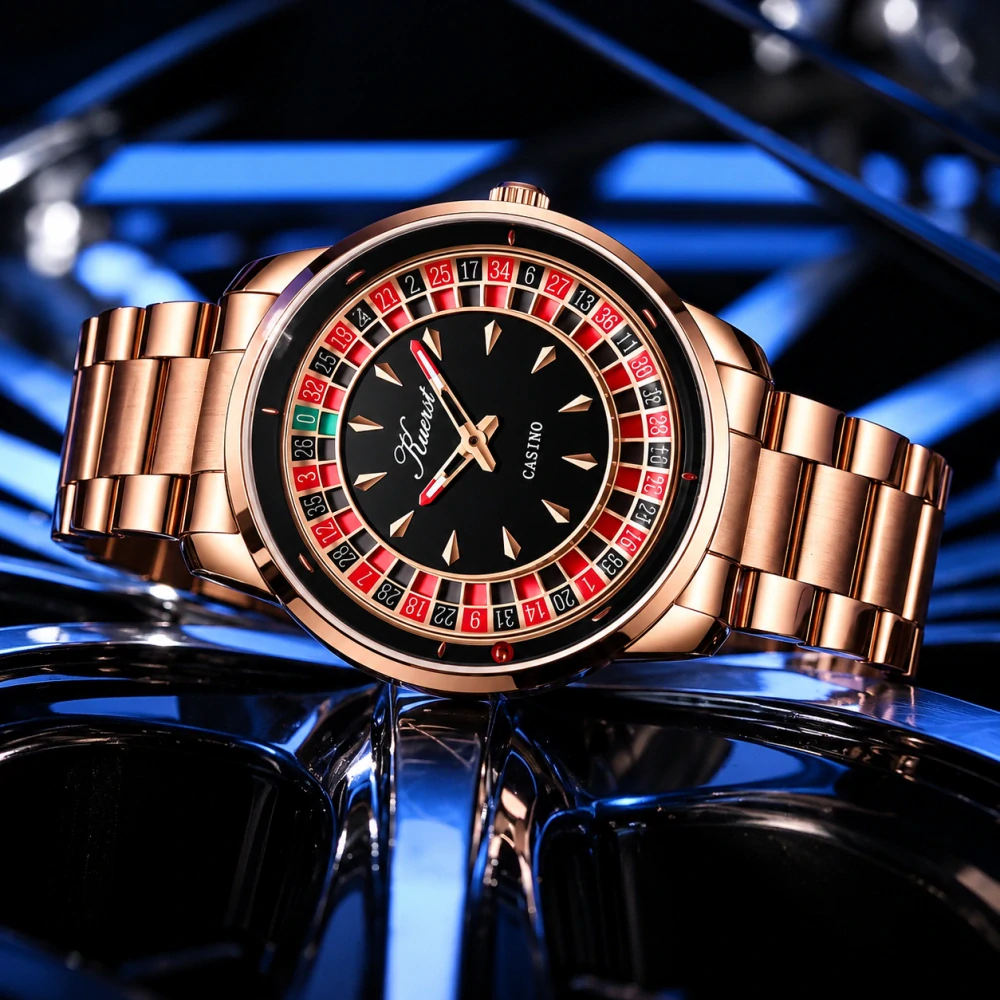 Pánské hodinky KUERST Casino – růžové zlato, rotační ruleta a černý ciferník