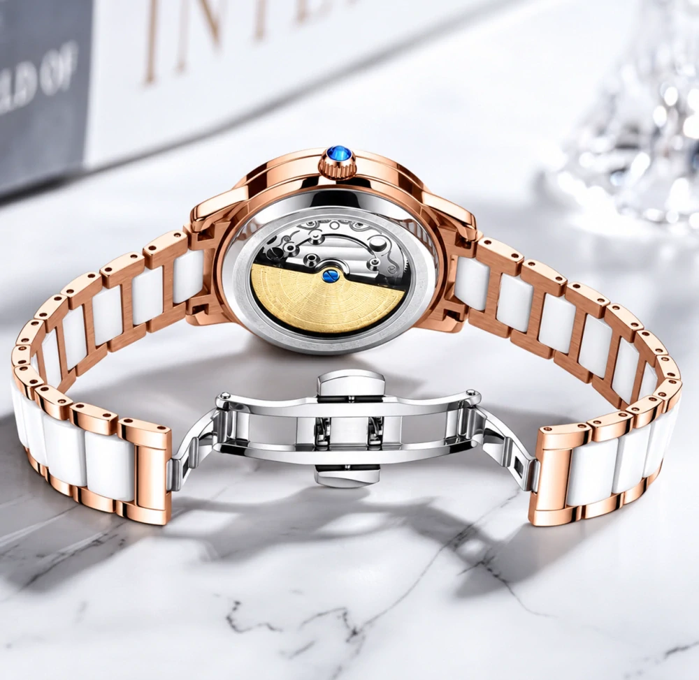 Dámské automatické hodinky KUERST Swan – růžové zlato, bílá keramika a motiv labutí