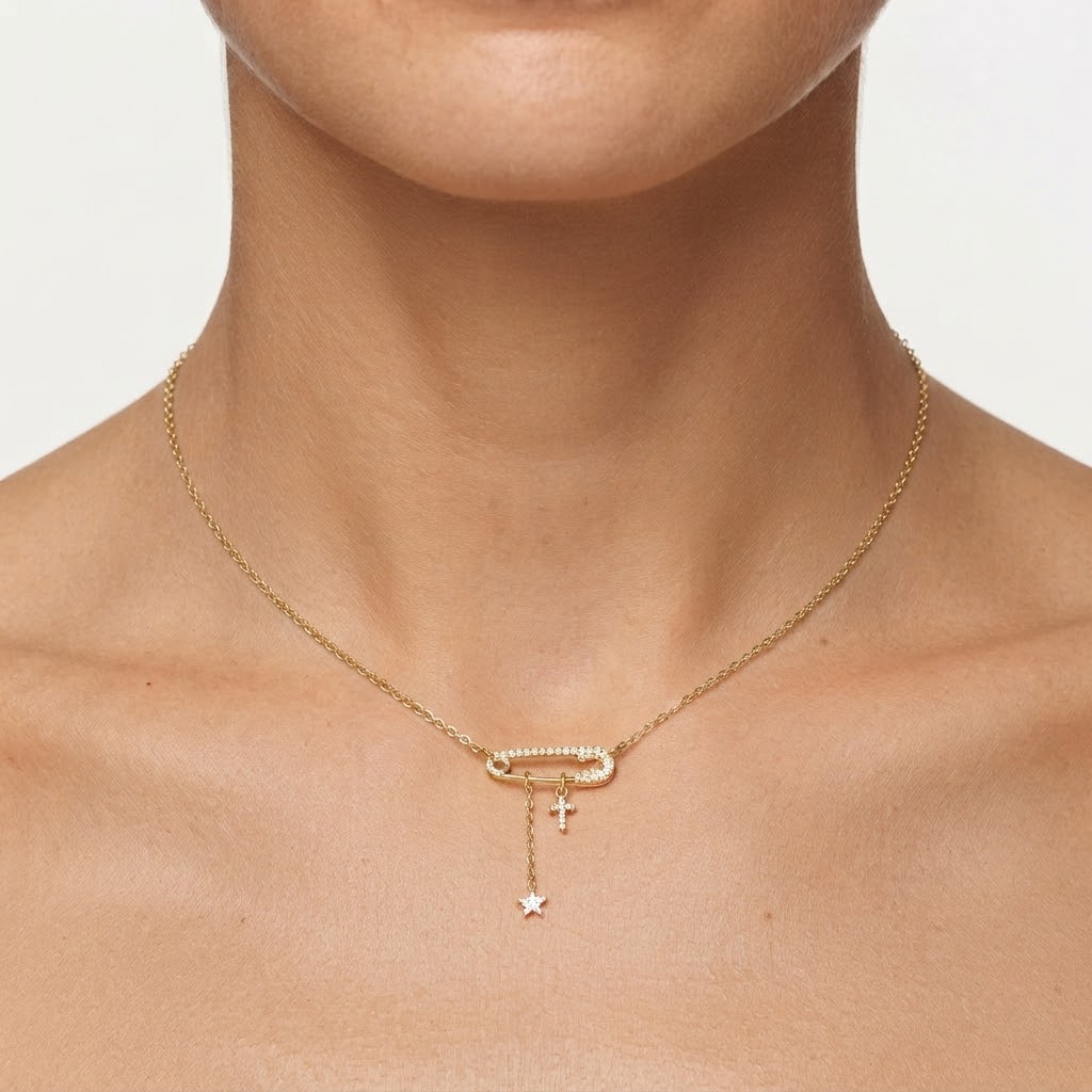 Dámský náhrdelník Sparkling Safety Pin – stříbro pozlacené 14K zlatem, voděodolný