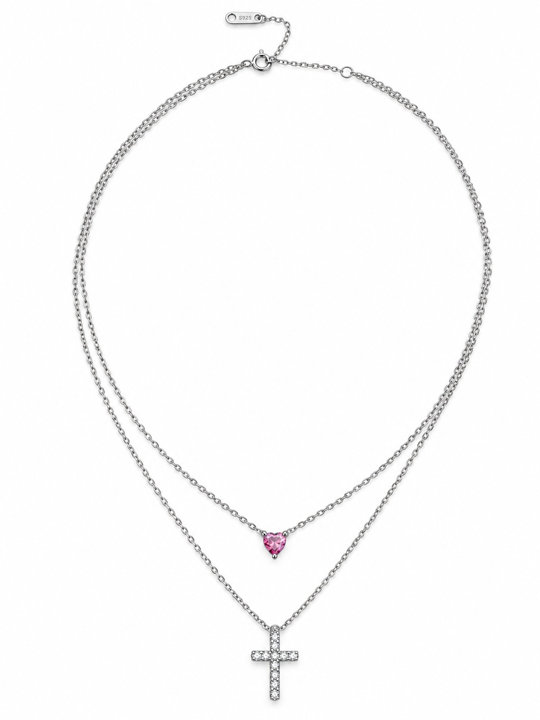 PINK FAITH – Stříbrný dvojitý náhrdelník Ag 925 s moissanitem 0,3 ct, růžovým srdíčkem a křížkem