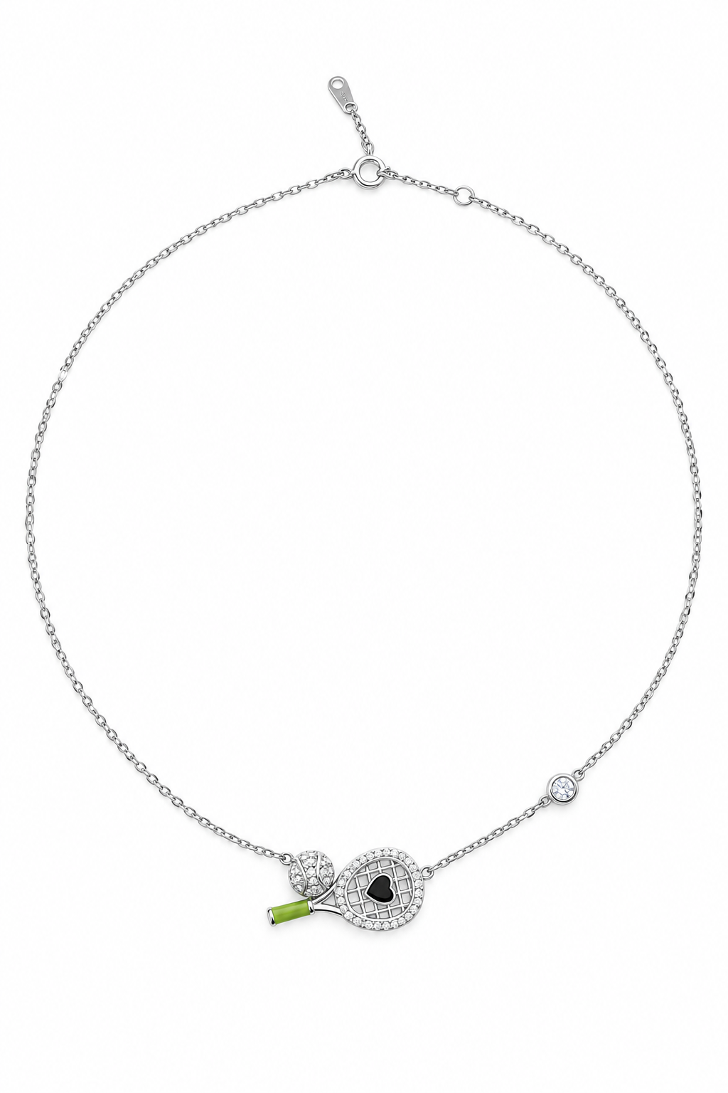 TENNIS LOVE – Stříbrný náhrdelník Ag 925 s tenisovou raketou, míčkem a moissanitem 0,006 ct