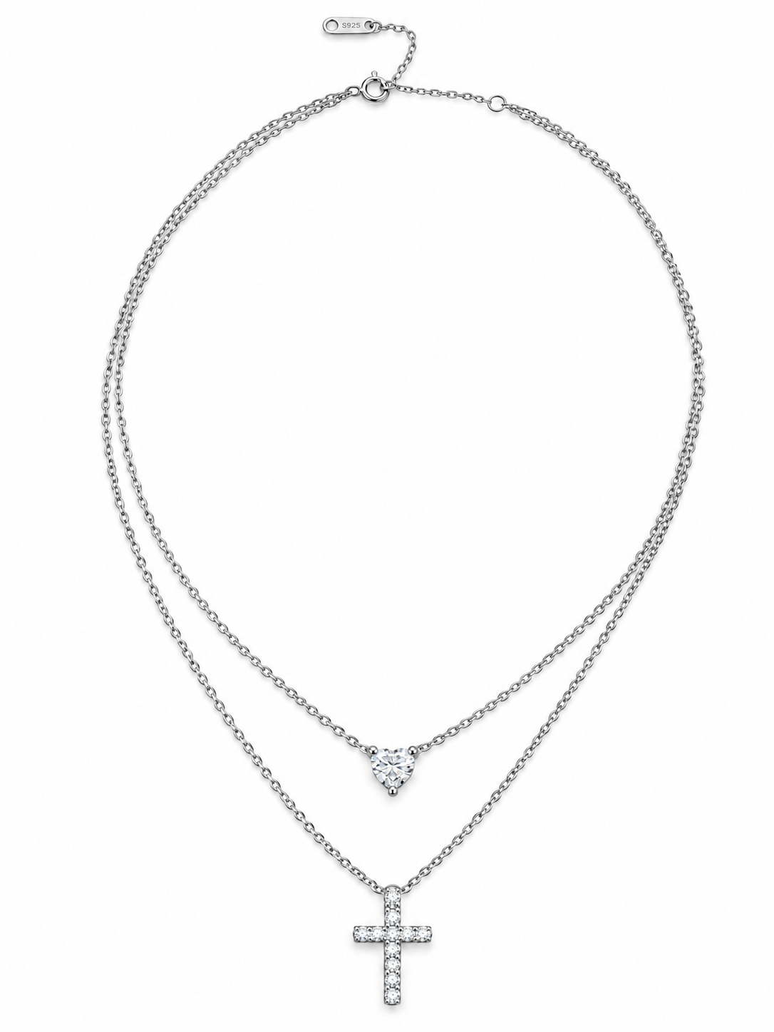 DIVINE LOVE – Stříbrný dvojitý náhrdelník Ag 925 s moissanitem 0,3 ct, srdíčkem a křížkem