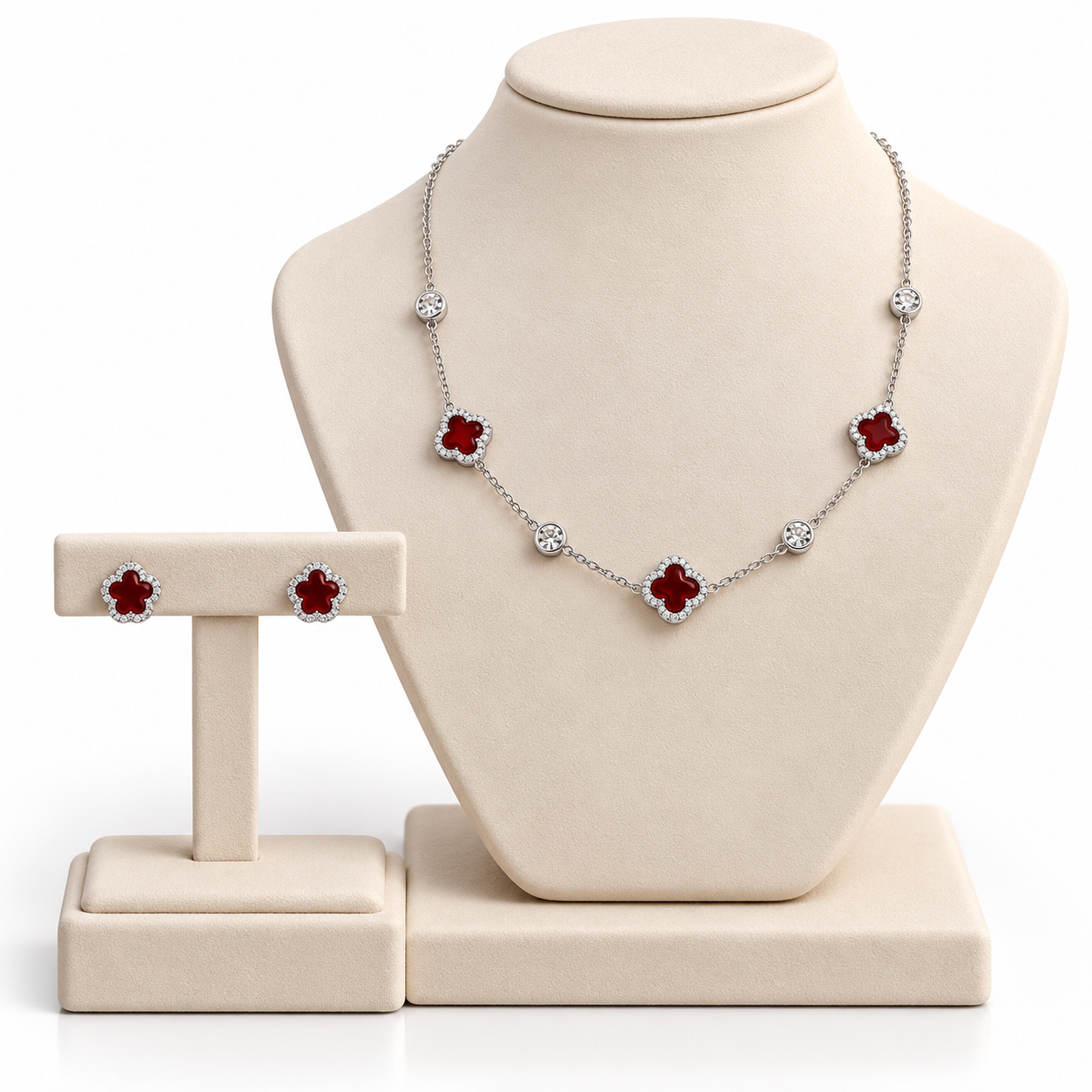 RUBY CLOVER – Luxusní stříbrná souprava Ag 925 s červeným jadeitem a moissanity 0,012 ct