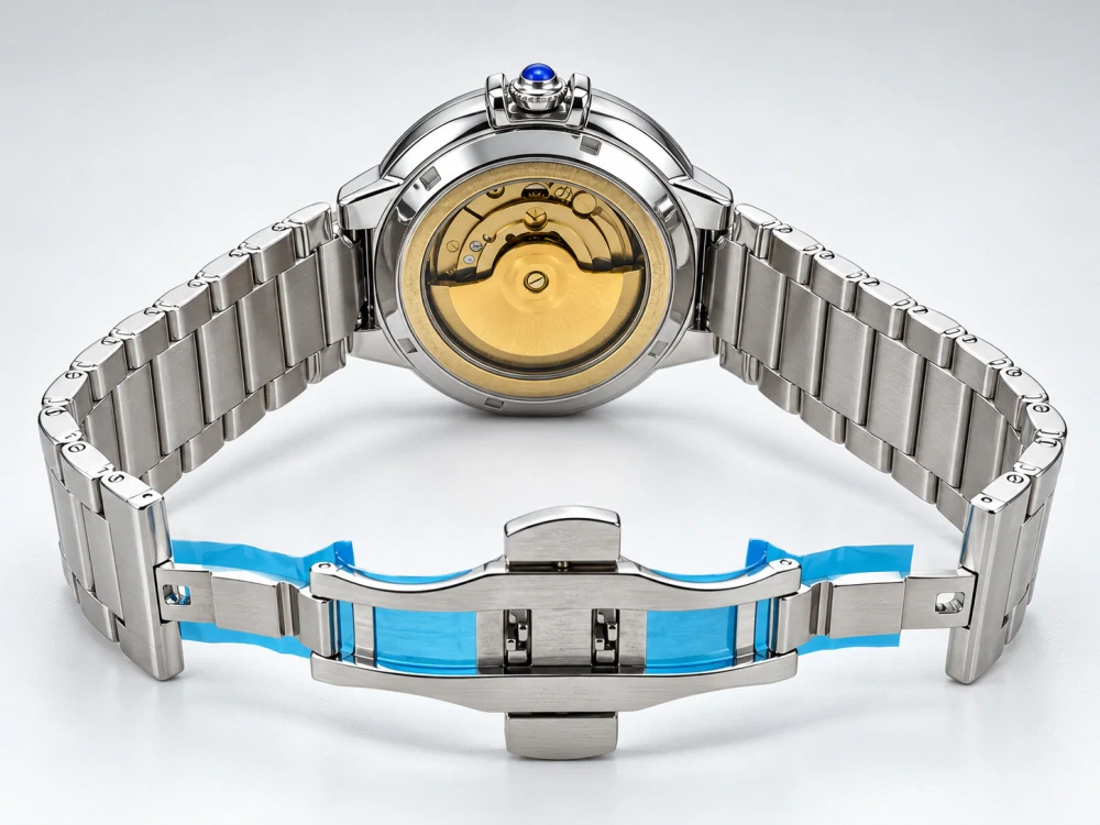 Luxusní mechanické automatické hodinky KUERST Skeleton s ocelovým tahem a modřenými ručičkami