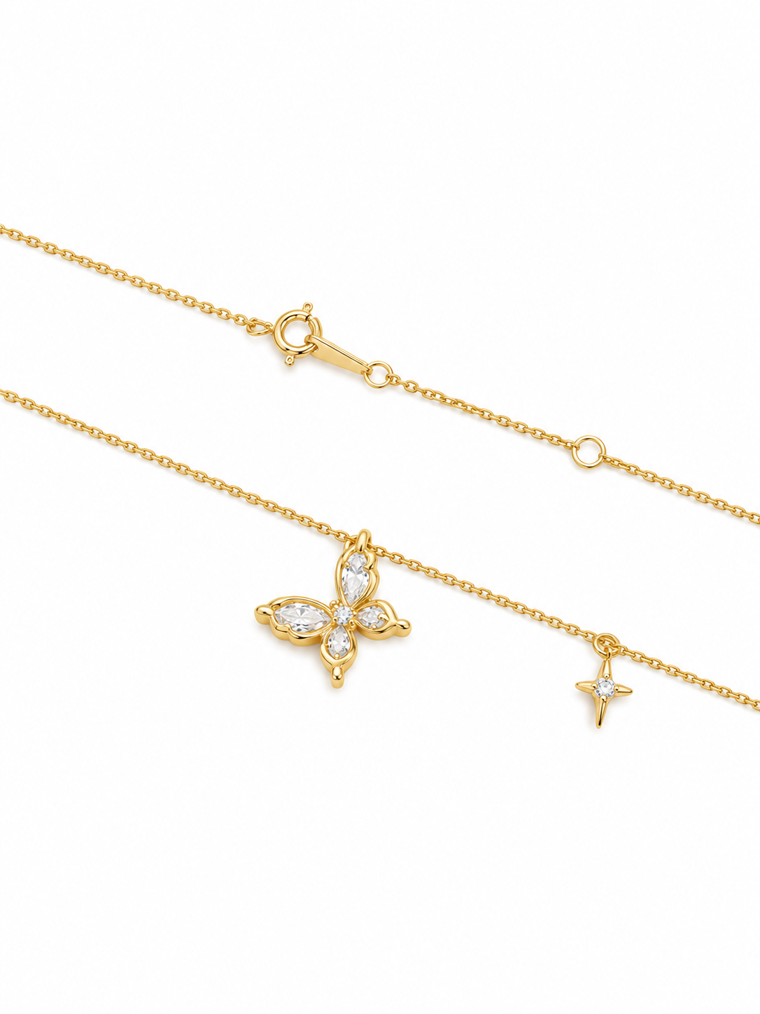 BUTTERFLY STAR – Náhrdelník s motýlem a hvězdou, stříbro pozlacené 14K zlatem