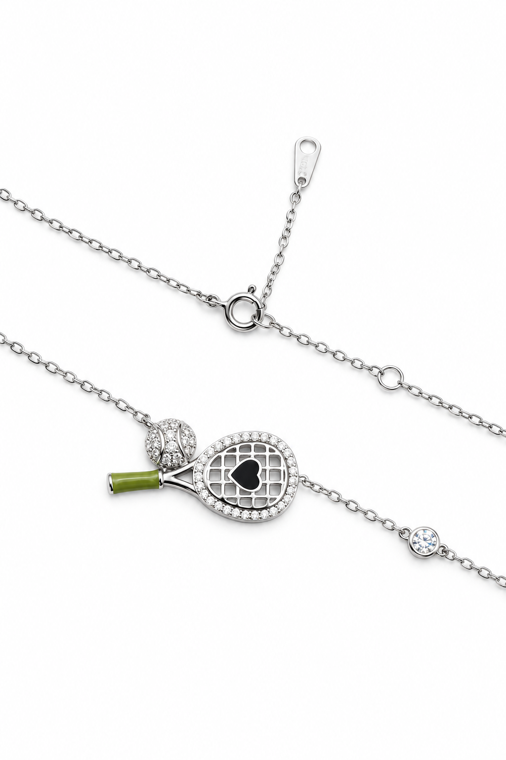 TENNIS LOVE – Stříbrný náhrdelník Ag 925 s tenisovou raketou, míčkem a moissanitem 0,006 ct