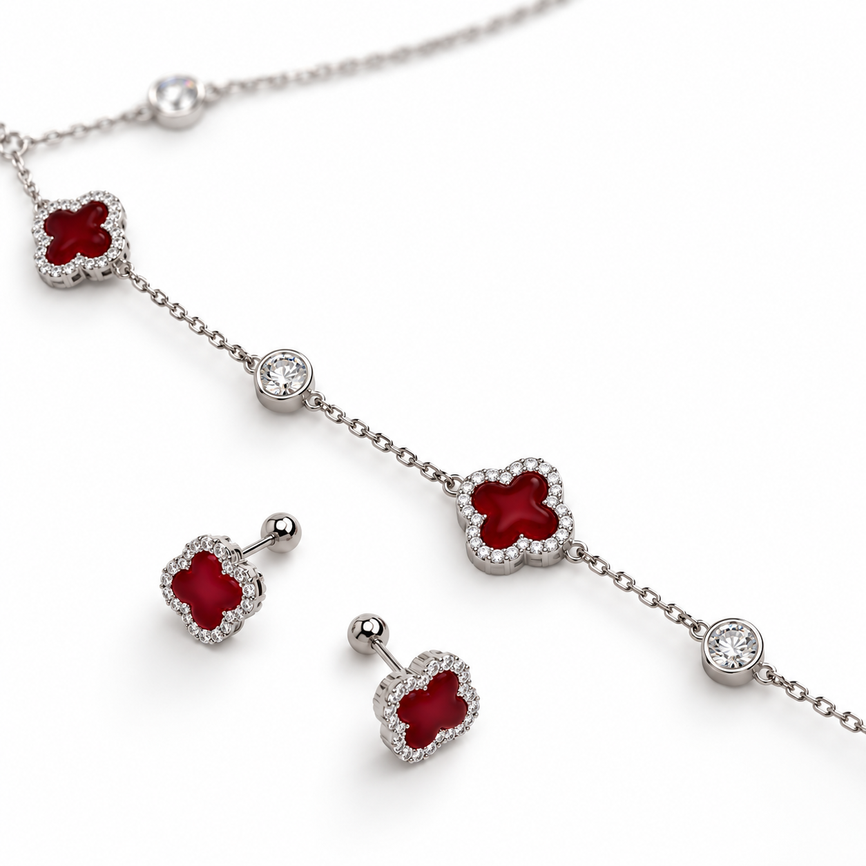 RUBY CLOVER – Luxusní stříbrná souprava Ag 925 s červeným jadeitem a moissanity 0,012 ct