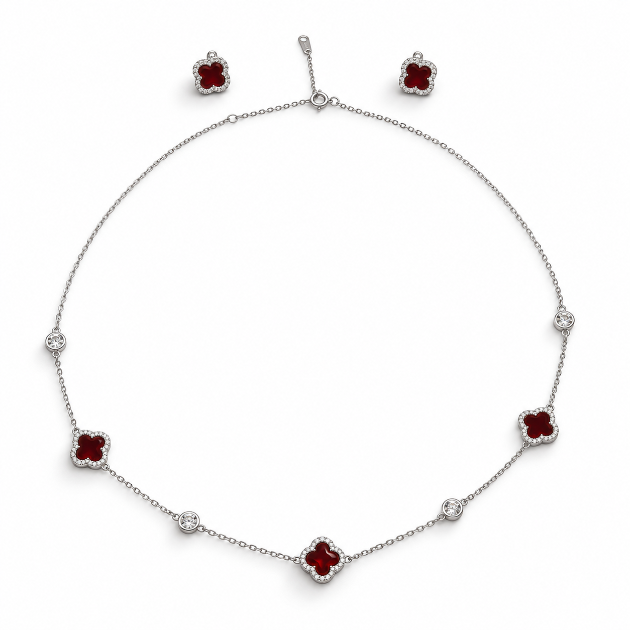 RUBY CLOVER – Luxusní stříbrná souprava Ag 925 s červeným jadeitem a moissanity 0,012 ct