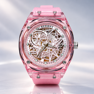Designové transparentní hodinky KUERST Skeleton Rose