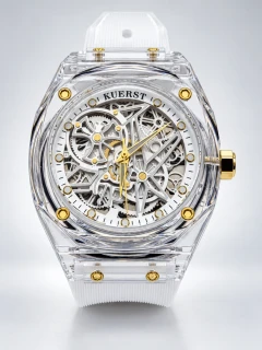 Designové transparentní hodinky KUERST Skeleton White & Gold
