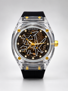 Designové transparentní hodinky KUERST Skeleton Black & Gold