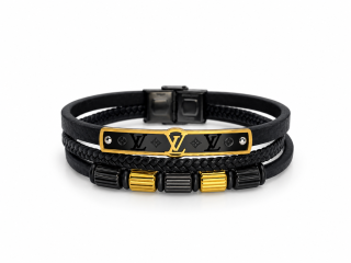 Pánský kožený náramek se zlacenou a černou ocelí s motivem Louis Vuitton