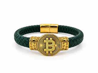 Pánský kožený náramek se zlacenou ocelí a motivem Bitcoin