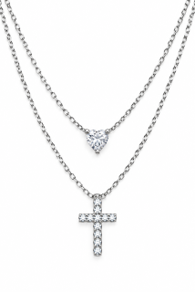 DIVINE LOVE – Stříbrný dvojitý náhrdelník Ag 925 s moissanitem 0,3 ct, srdíčkem a křížkem